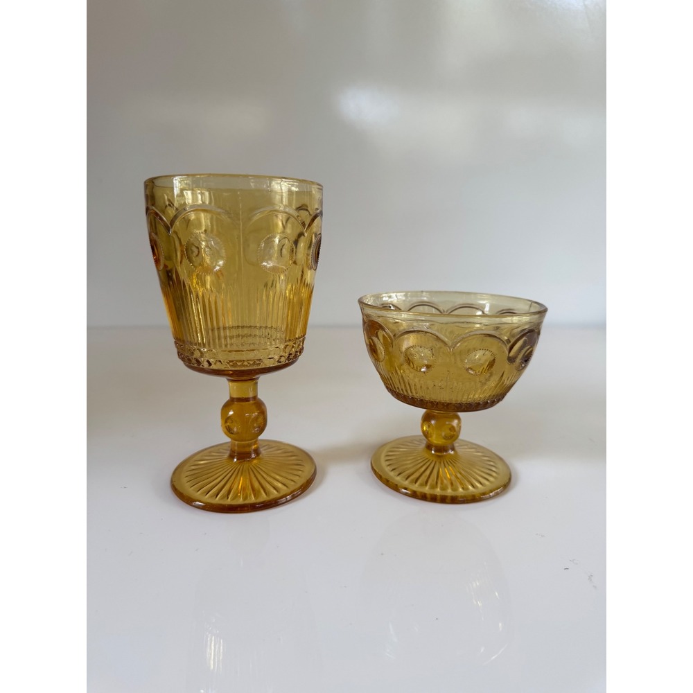 Vintage Amber Glass Thumbprint Goblet and Sherbet Set 2 Piece Mid Century